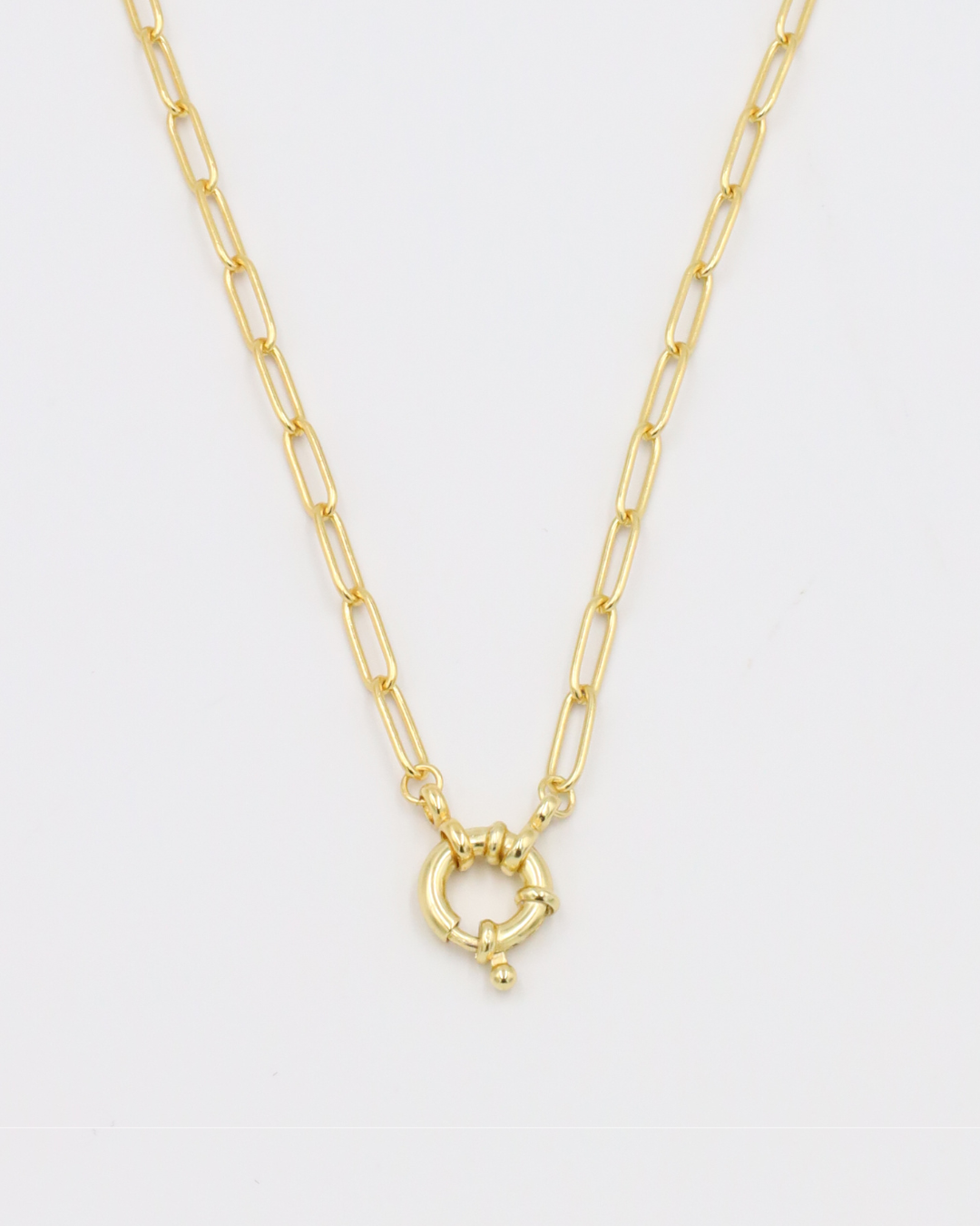 A gold-colored necklace with a link chain design and a clasp.