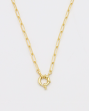 A gold-colored necklace with a link chain design and a clasp.