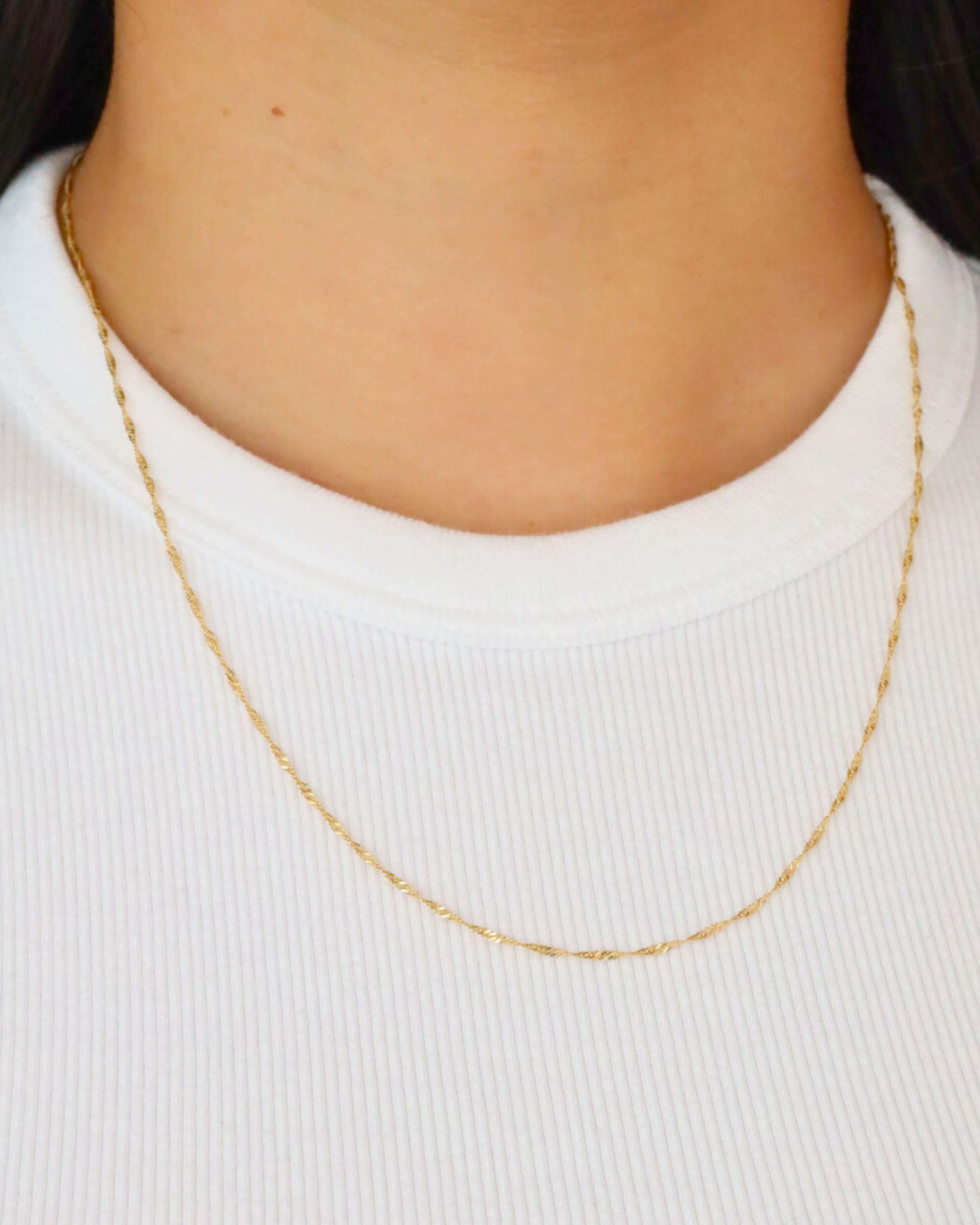 Jamie Gold necklace worn on a model, showcasing the elegant and delicate twisted rope chain on a white shirt.