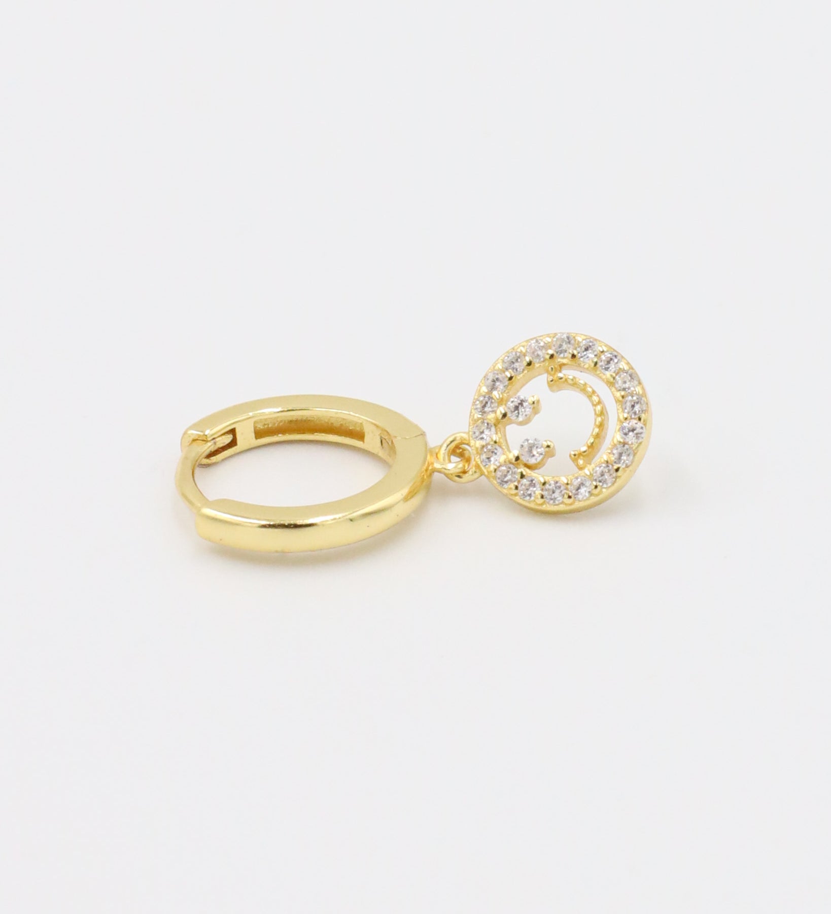 Single Lennox gold-plated sterling silver earring with cubic zirconia smiley face charm