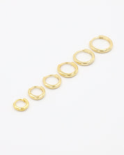 A series of circular gold colored hoops of varying sizes arranged in a line on a white background.