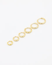 A series of circular gold colored hoops of varying sizes arranged in a line on a white background.
