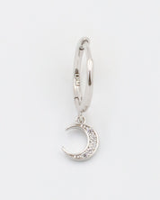 A silver hoop earring with a crescent moon charm attached, displayed against a white background.