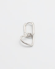 A single silver hoop earring with a hinged clasp mechanism on a white background.