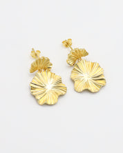 A pair of gold-colored floral design earrings with a butterfly clasp closure.