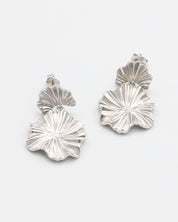 A pair of silver stud earrings with a butterfly clasp and floral design