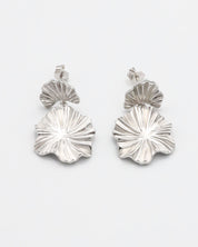 A pair of silver stud earrings with a butterfly clasp and floral design