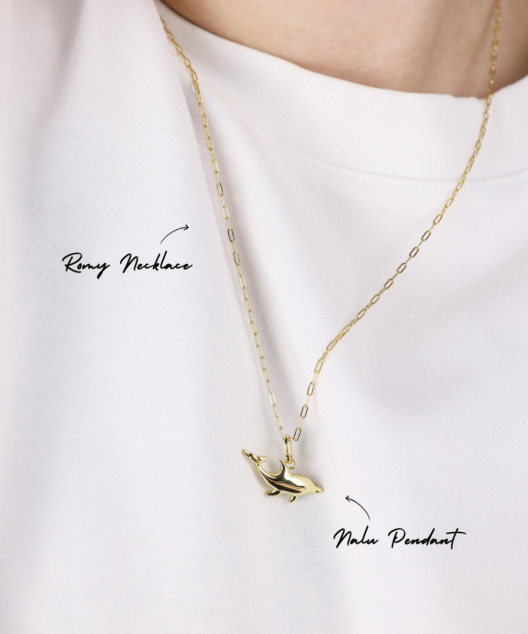 Gold necklace with a pendant on a white background