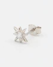 A single silver star-shaped stud earring with a small central gemstone, displayed against a white background.