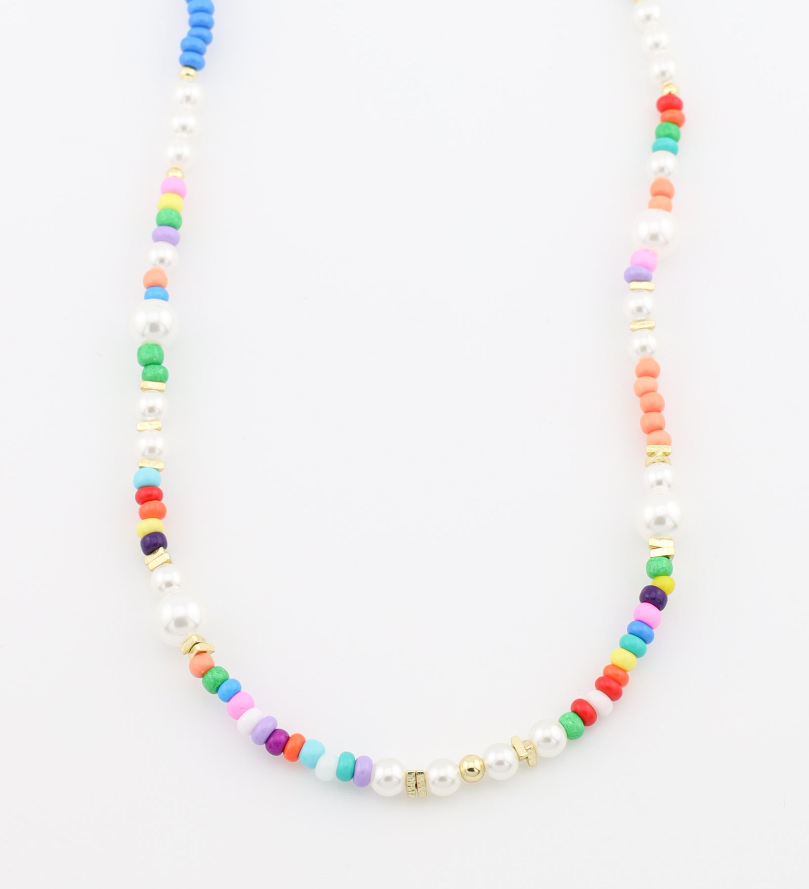 Colorful beaded necklace on a white background