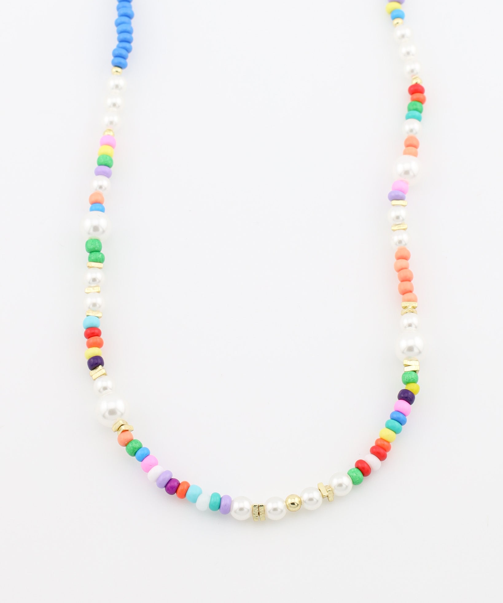 Colorful beaded necklace on a white background