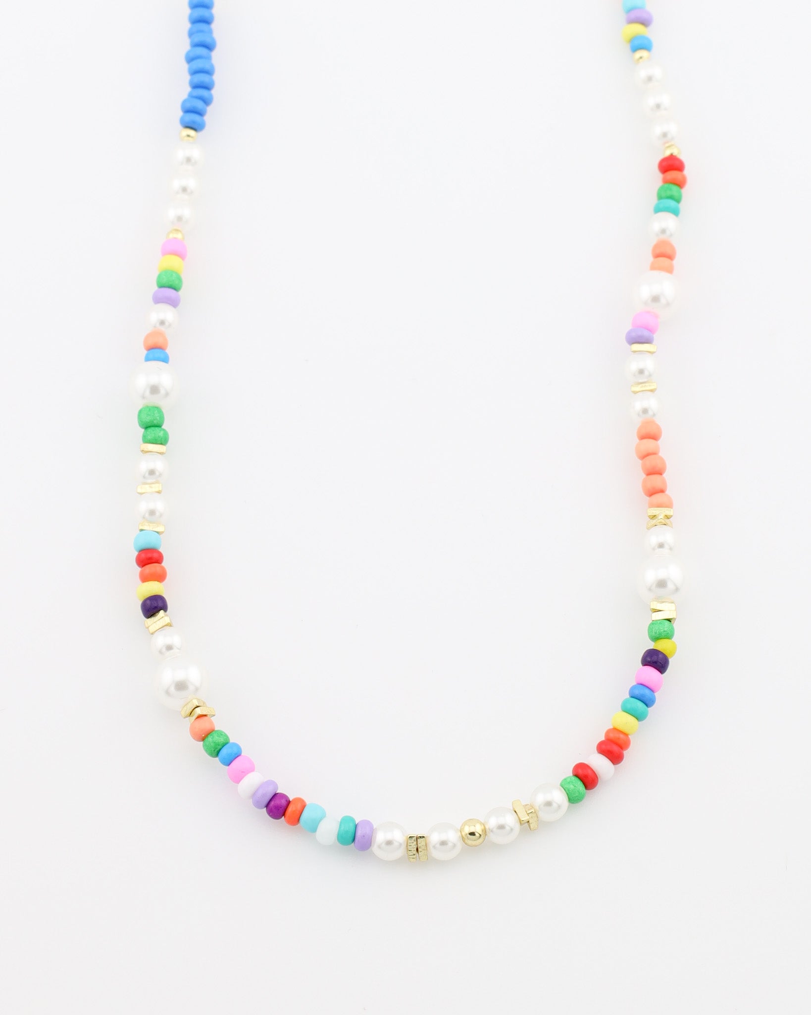 Colorful beaded necklace on a white background