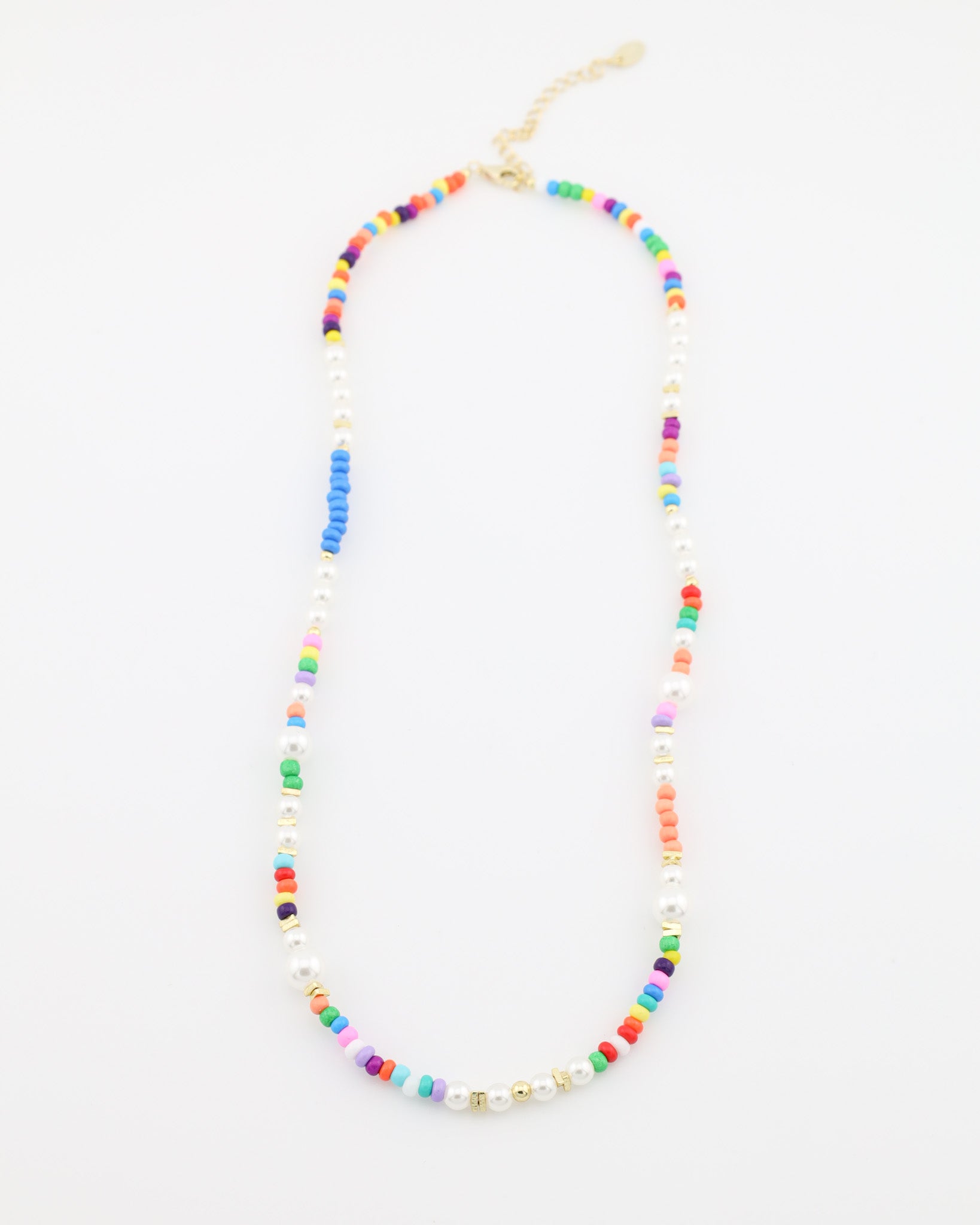 Colorful beaded necklace on a white background