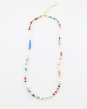 Colorful beaded necklace on a white background