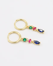 Pair of Phoebe earrings in gold-plated sterling silver with a vibrant design featuring blue marquise-cut, pink baguette-cut, and green round-cut stones.