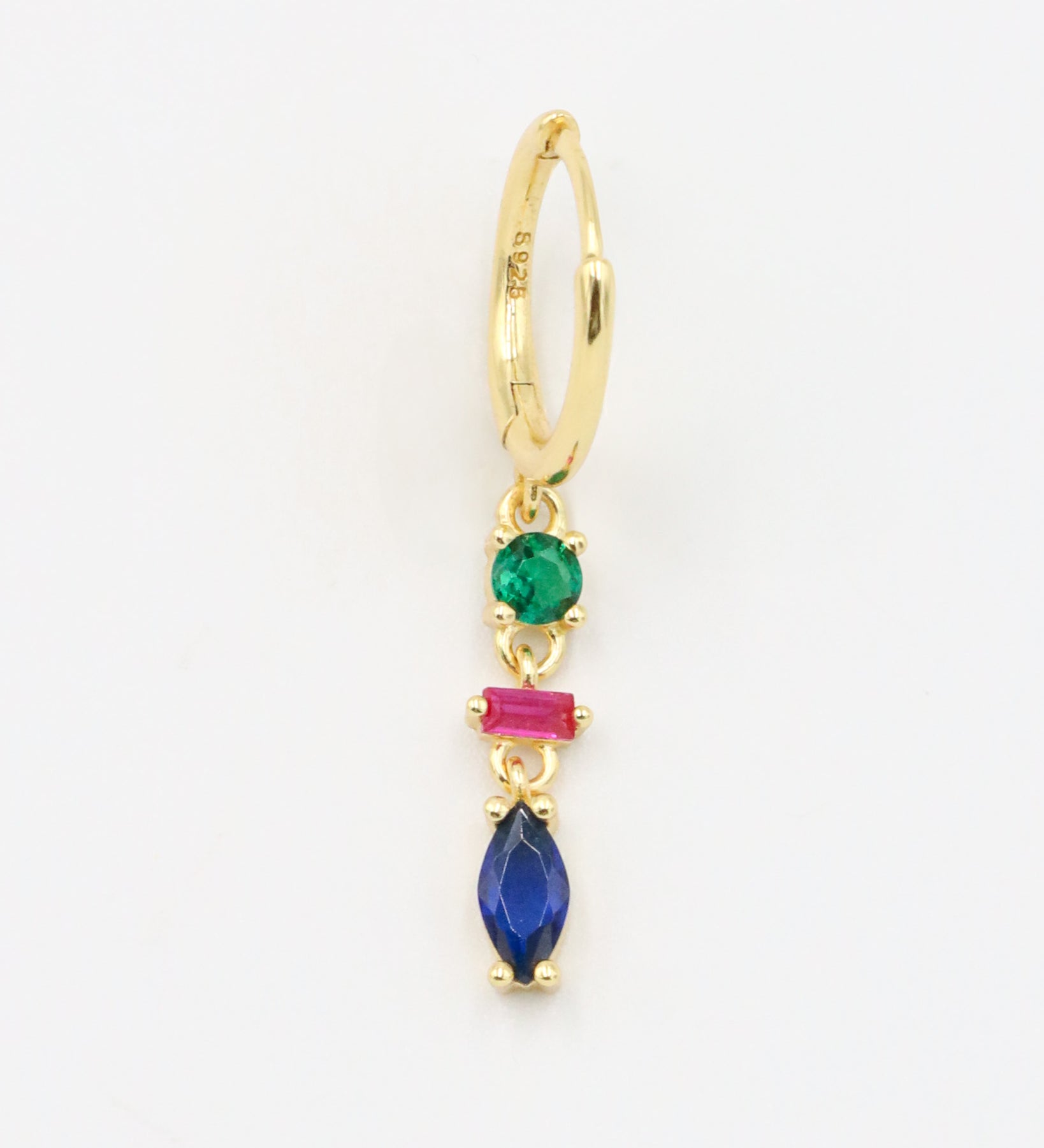 Single Phoebe gold-plated sterling silver earring, showcasing blue marquise-cut, pink baguette-cut, and green round-cut stones.