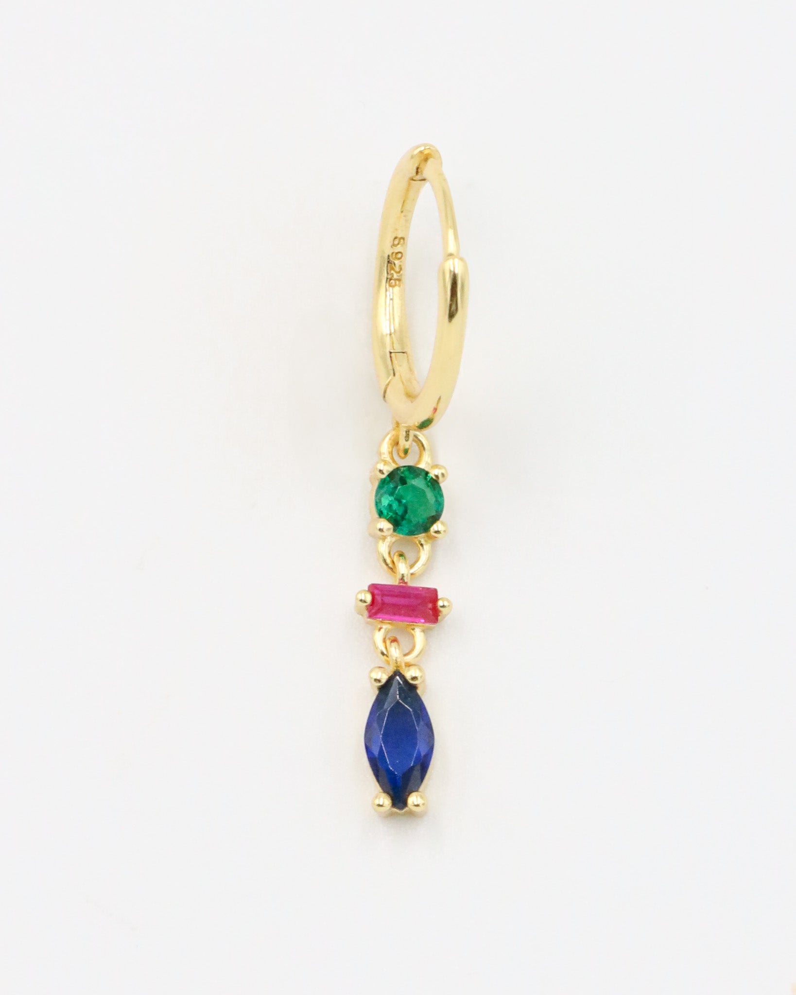 Single Phoebe gold-plated sterling silver earring, showcasing blue marquise-cut, pink baguette-cut, and green round-cut stones.