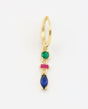 Single Phoebe gold-plated sterling silver earring, showcasing blue marquise-cut, pink baguette-cut, and green round-cut stones.