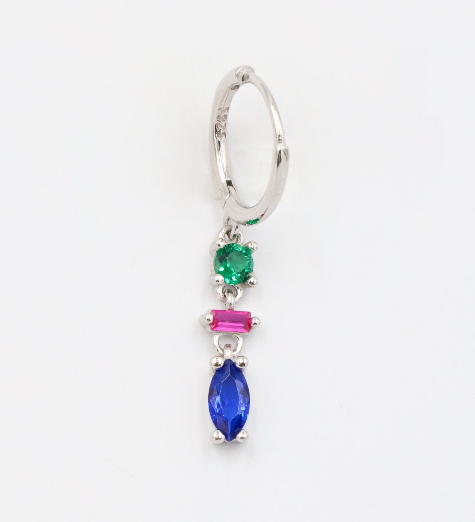 Single Phoebe sterling silver earring with blue, pink, and green stones on a white background.