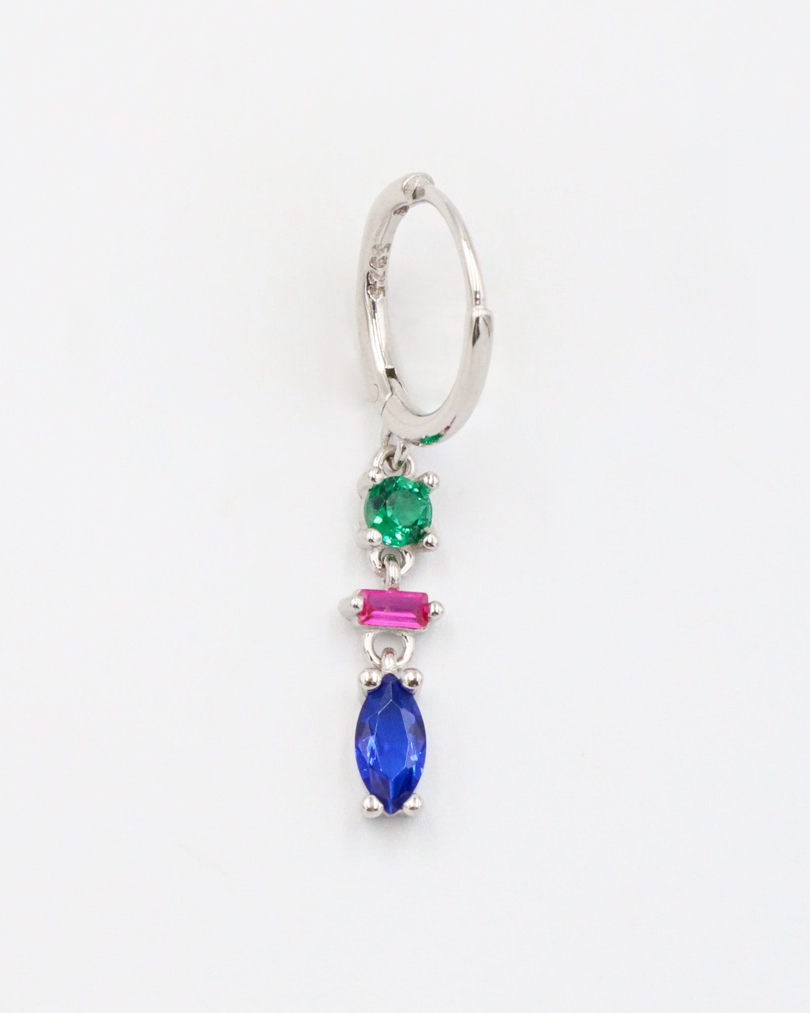 Single Phoebe sterling silver earring with blue, pink, and green stones on a white background.