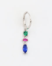 Single Phoebe sterling silver earring with blue, pink, and green stones on a white background.