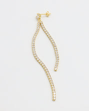 Gold colored silver earring with dangling crystal embellishments.