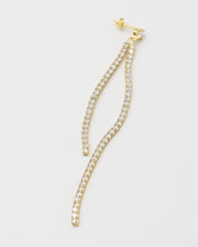 Gold colored silver earring with dangling crystal embellishments.