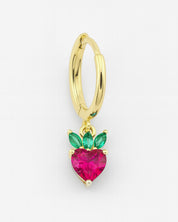 Gold hoop earring with a heart-shaped pink gemstone and green accents on a white background