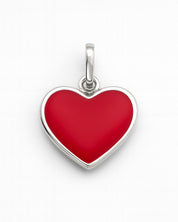 Red heart-shaped pendant with silver border on a white background