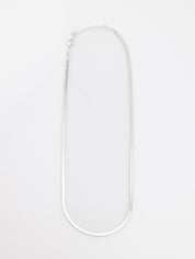 Thin silver chain necklace on a white background