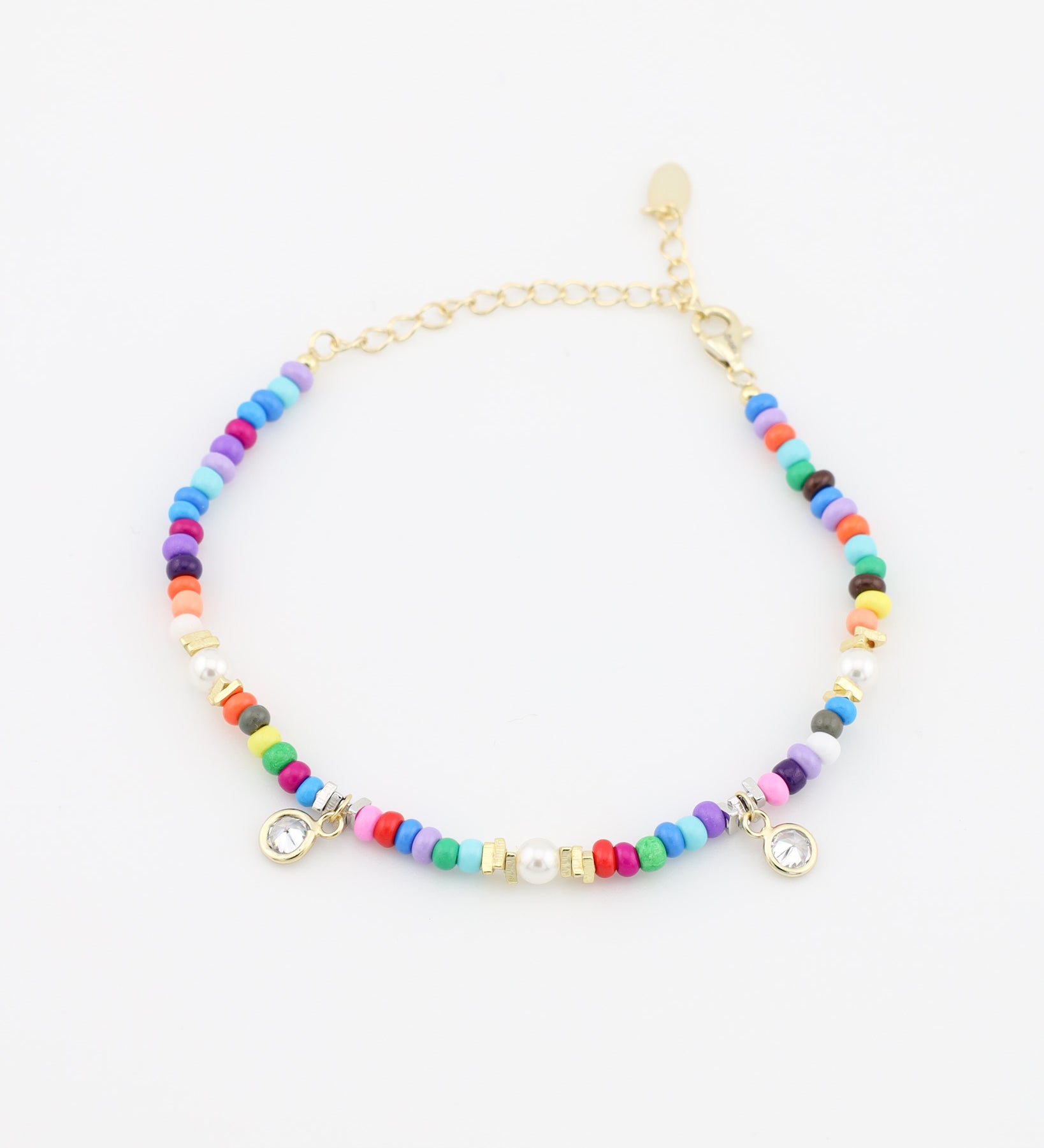 Colorful beaded necklace on a white background