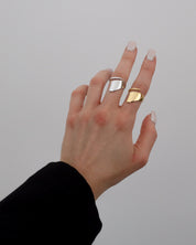 A silver and gold ring with an abstract design worn by a hand.