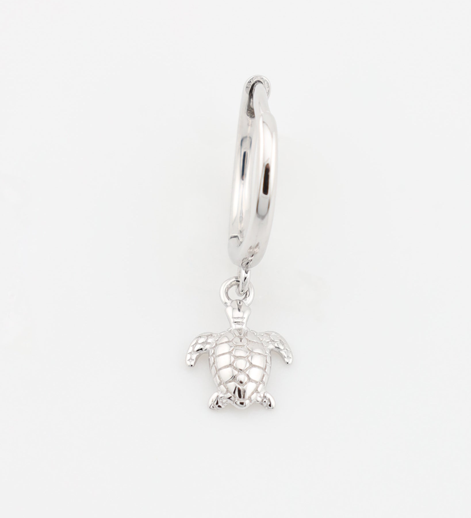 Silver hoop earring with a turtle charm on a white background
