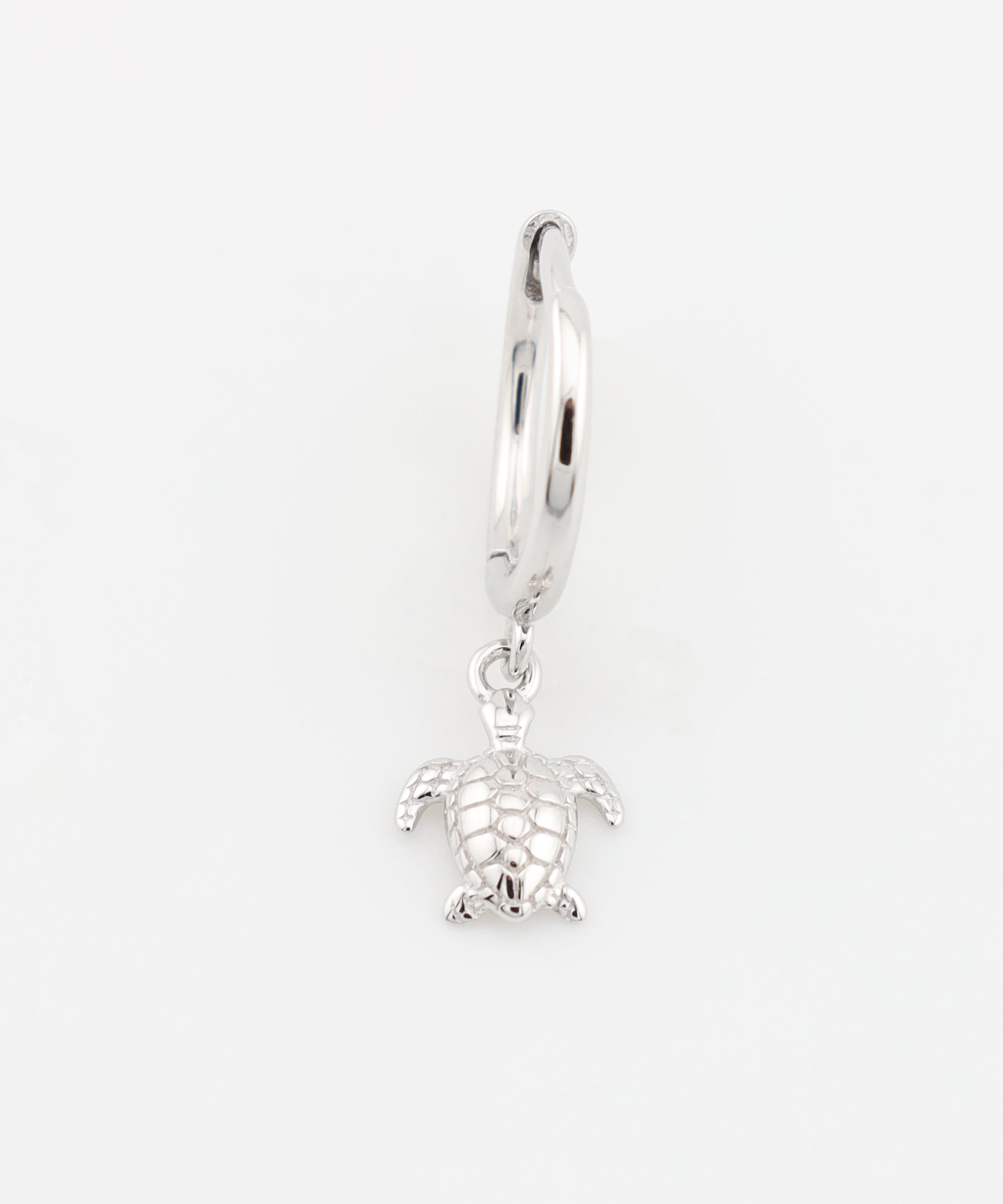 Silver hoop earring with a turtle charm on a white background