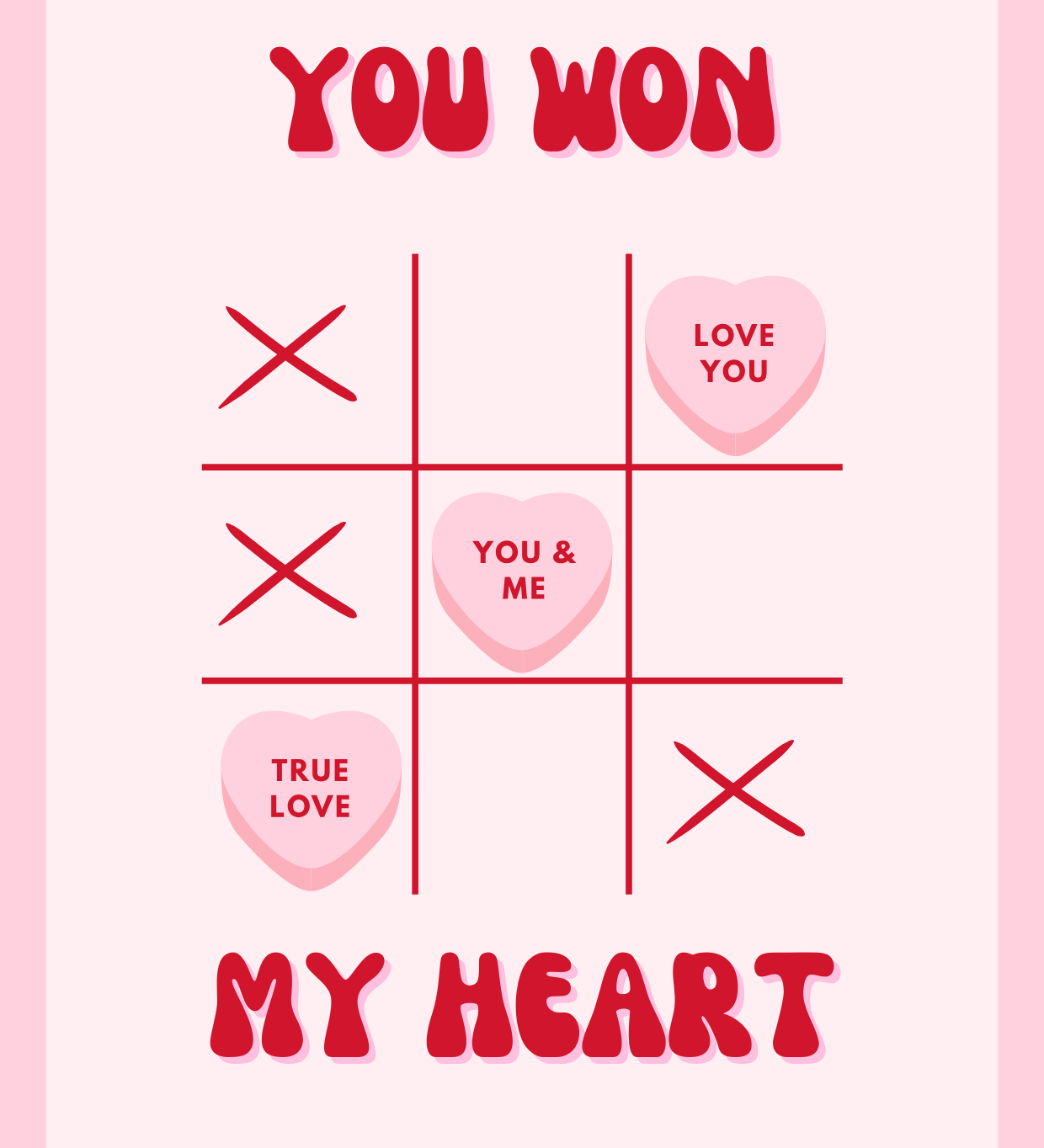 Playful Valentine’s postcard featuring a pink and red Tic-Tac-Toe board with heart-shaped candies reading “LOVE YOU,” “YOU & ME,” and “TRUE LOVE.” The card reads “YOU WON MY HEART” in bold retro lettering – a sweet Swiss-designed love message with a nostalgic twist.