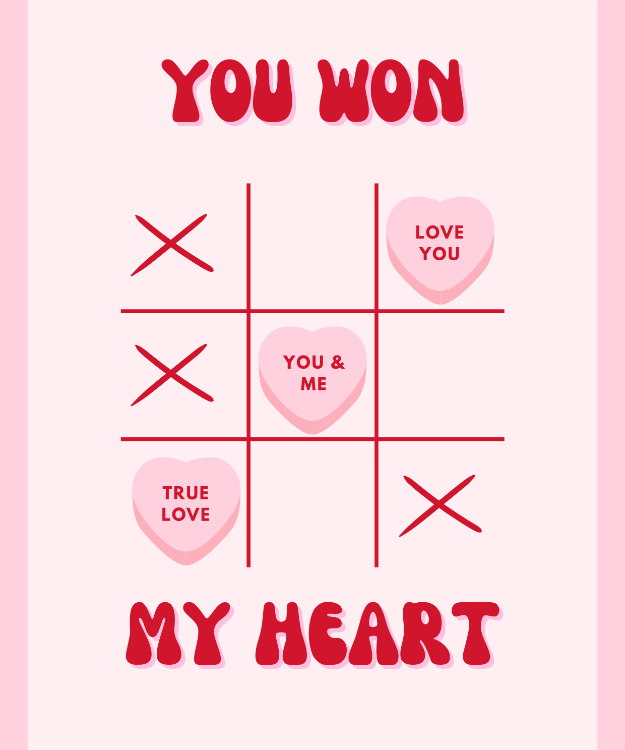 Playful Valentine’s postcard featuring a pink and red Tic-Tac-Toe board with heart-shaped candies reading “LOVE YOU,” “YOU & ME,” and “TRUE LOVE.” The card reads “YOU WON MY HEART” in bold retro lettering – a sweet Swiss-designed love message with a nostalgic twist.