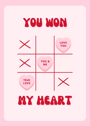 Playful Valentine’s postcard featuring a pink and red Tic-Tac-Toe board with heart-shaped candies reading “LOVE YOU,” “YOU & ME,” and “TRUE LOVE.” The card reads “YOU WON MY HEART” in bold retro lettering – a sweet Swiss-designed love message with a nostalgic twist.
