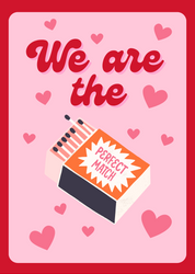 A postcard with a pink background, featuring hearts, a matchbook with 'PERFECT MATCH' written on it, and a pencil and pen. The text 'We are the perfect match' is in bold, red letters.