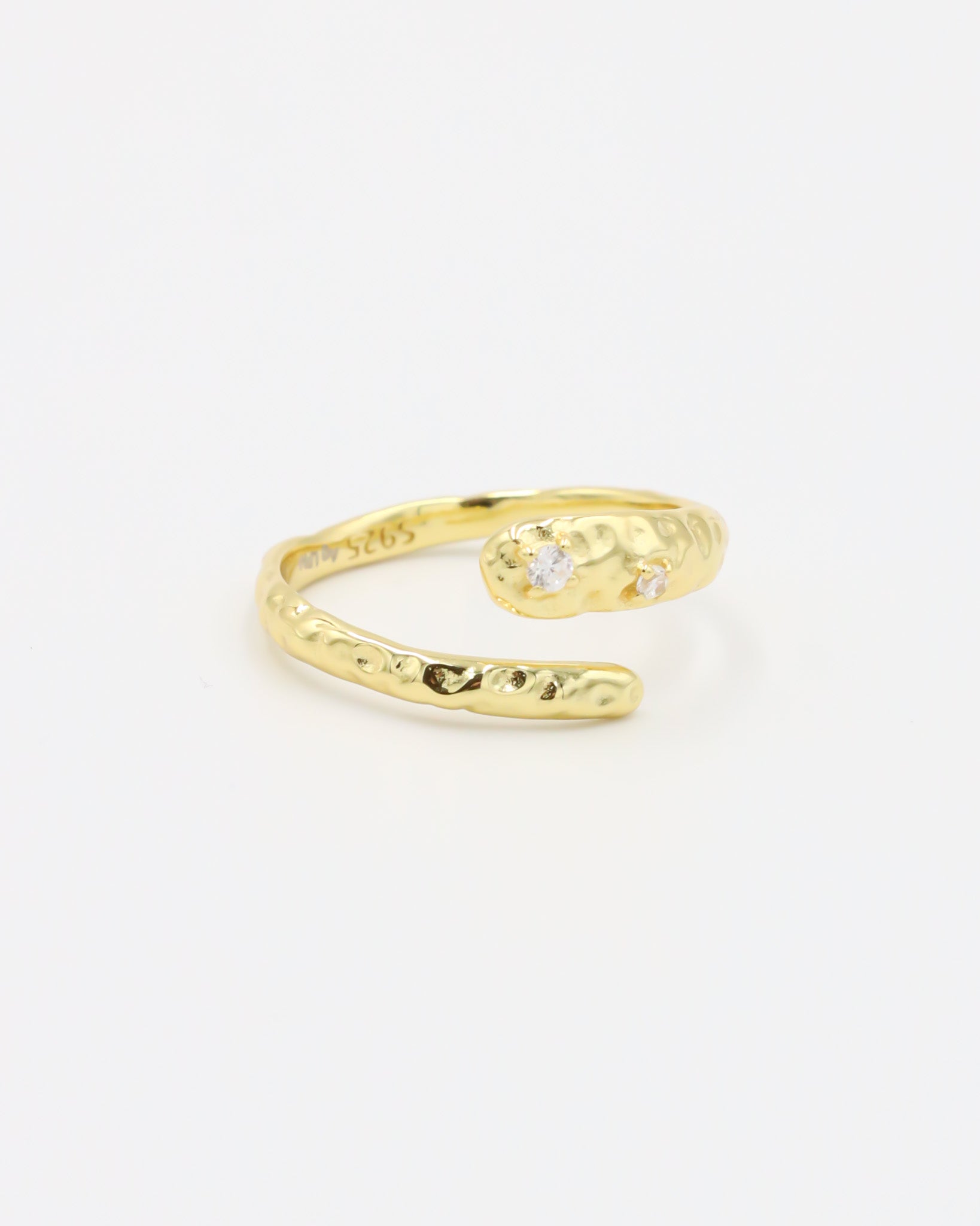 Adalynn - adjustable gold-plated hammered ring with stones, angled view, minimalist design.