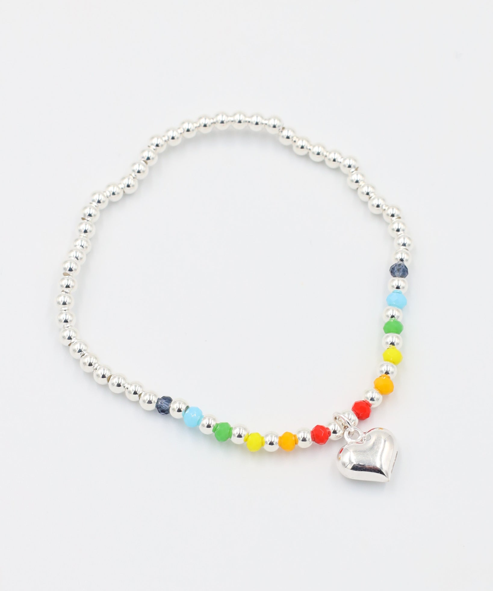 Front view of the adjustable Gayle Silver bracelet made of 925 sterling silver, featuring colorful beads and a heart charm.