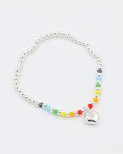 Front view of the adjustable Gayle Silver bracelet made of 925 sterling silver, featuring colorful beads and a heart charm.