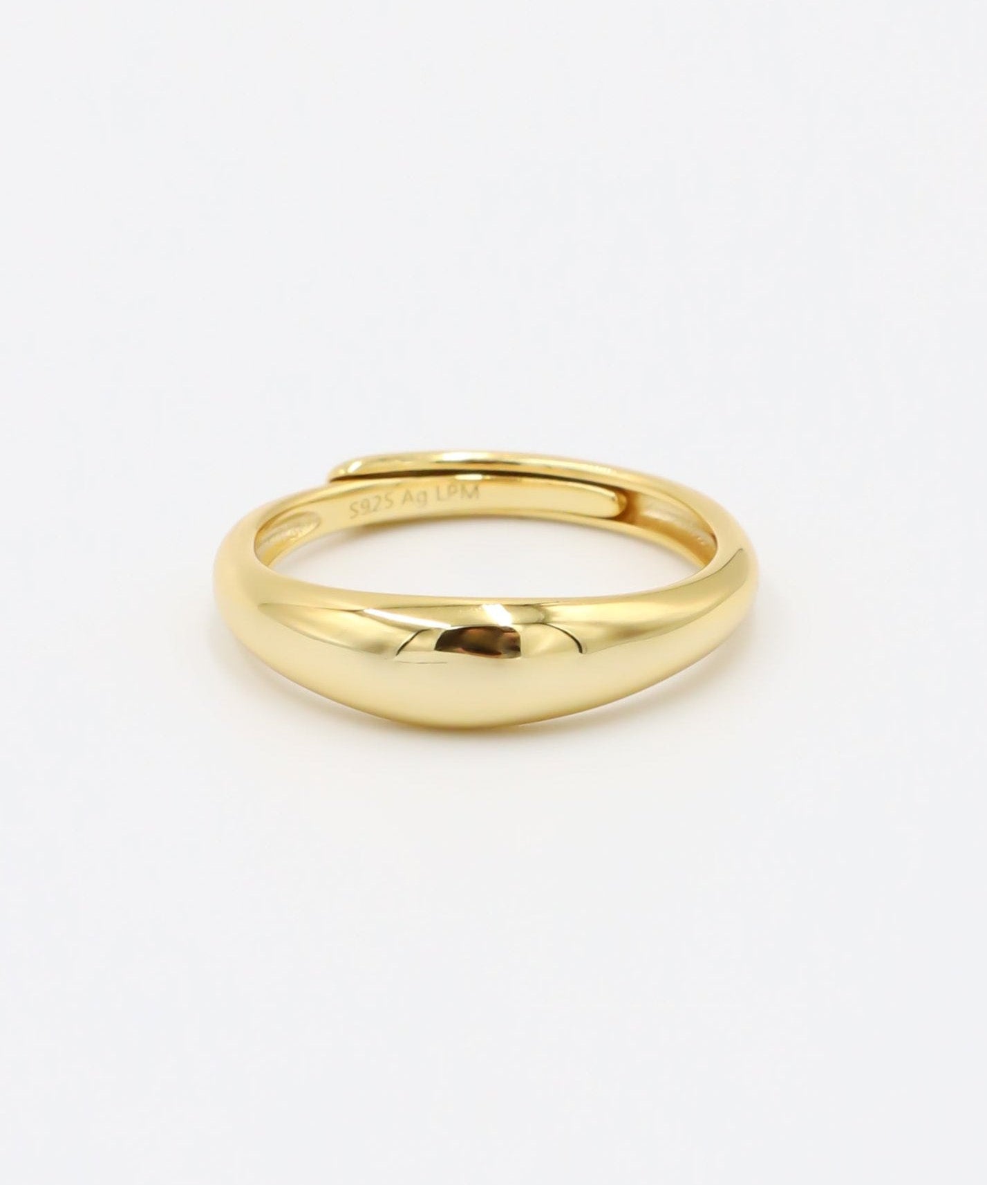 Aiden gold-plated sterling silver ring, adjustable, side view, smooth finish.