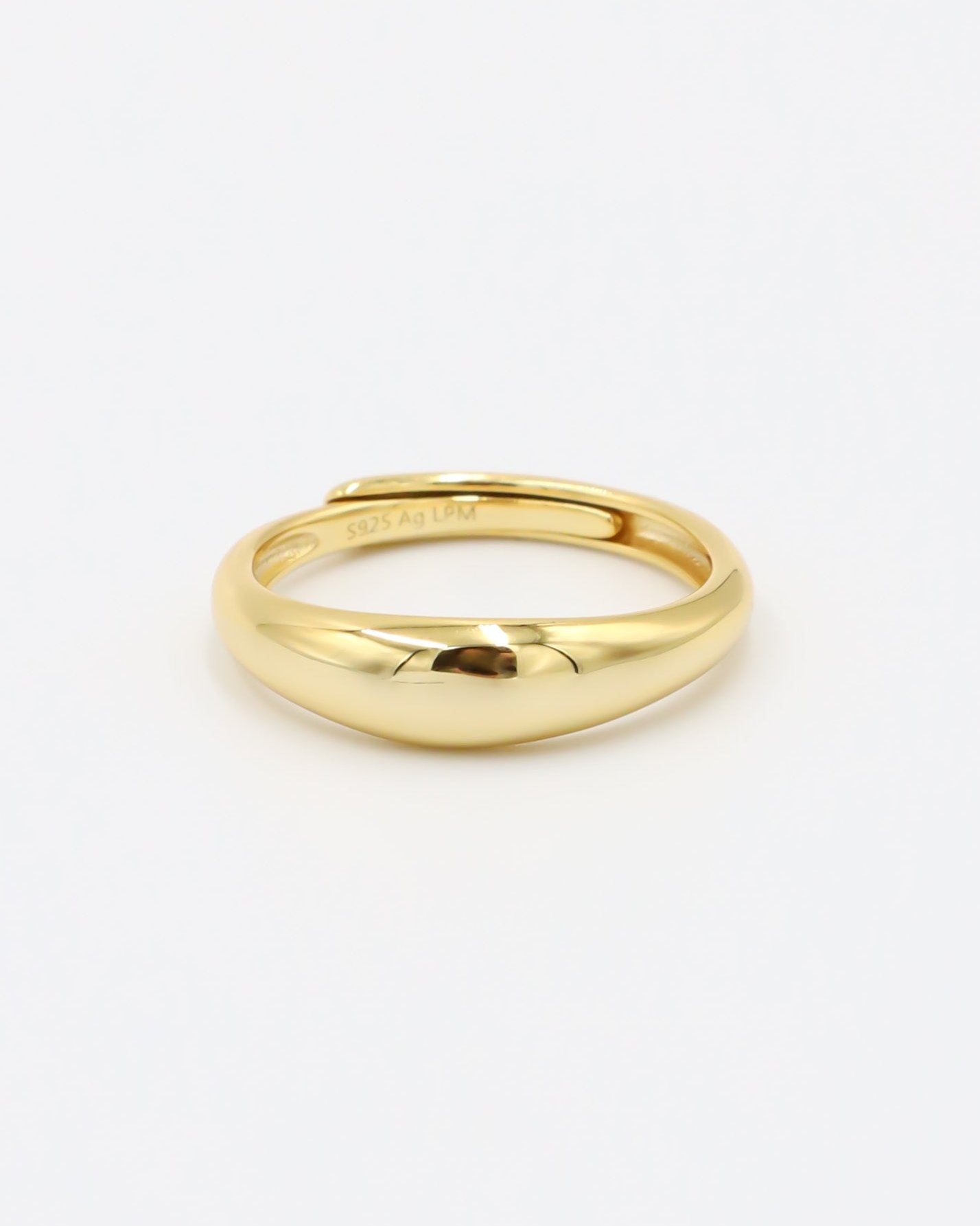 Aiden gold-plated sterling silver ring, adjustable, side view, smooth finish.