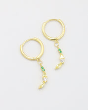 A pair of banana-shaped gold-plated sterling silver earrings adorned with yellow and green zirconia stones.