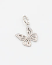 Top view of the Butterfly Silver pendant made from rhodium-plated 925 sterling silver, featuring intricate zirconia stone details.