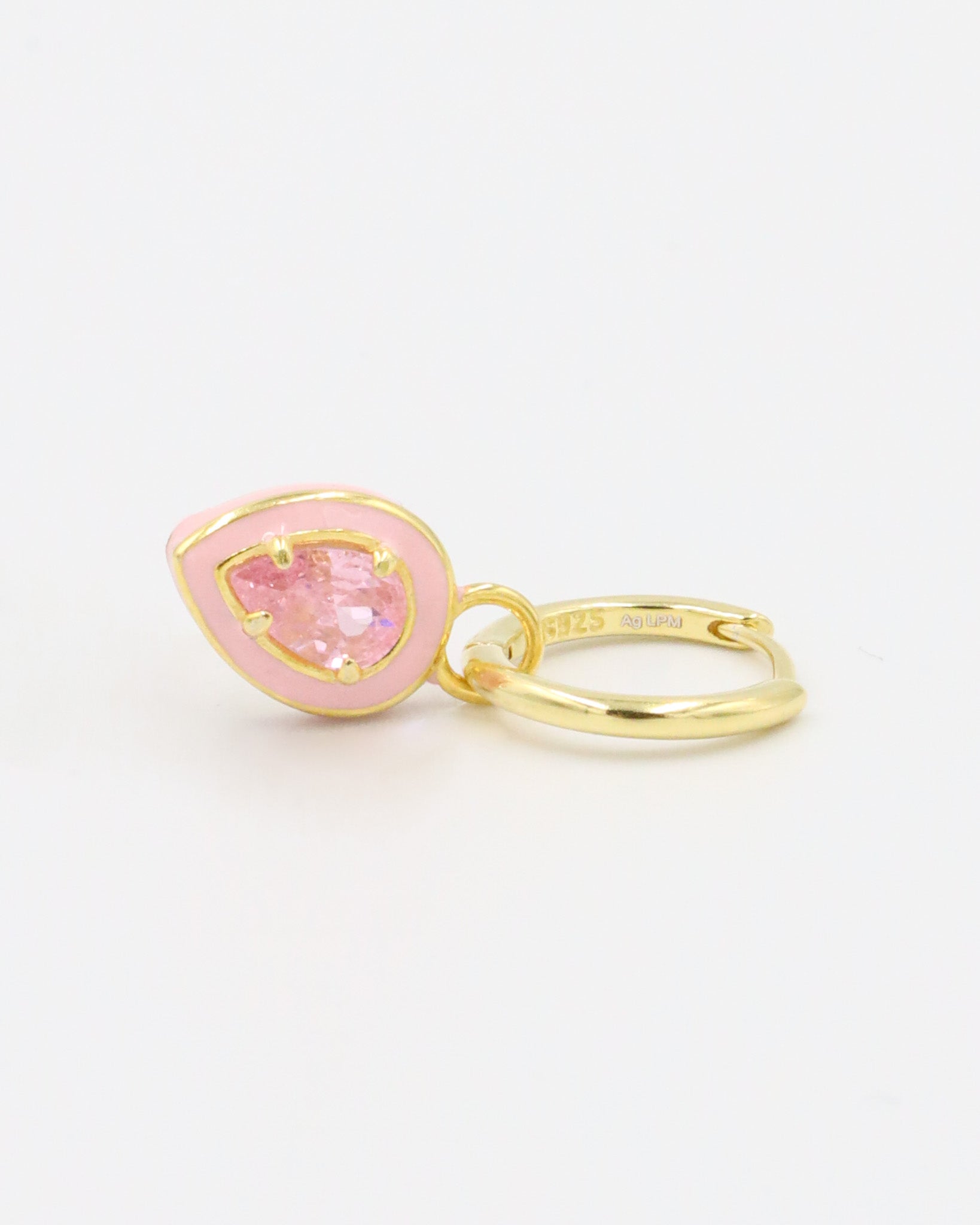 Single Cindy Pink earring showcasing the teardrop-shaped pink zirconia stone and enamel details, crafted in gold-plated sterling silver.