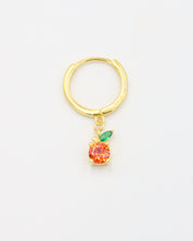 Single gold-plated sterling silver hoop earring with orange zirconia stone and green leaf details, named Clementine.