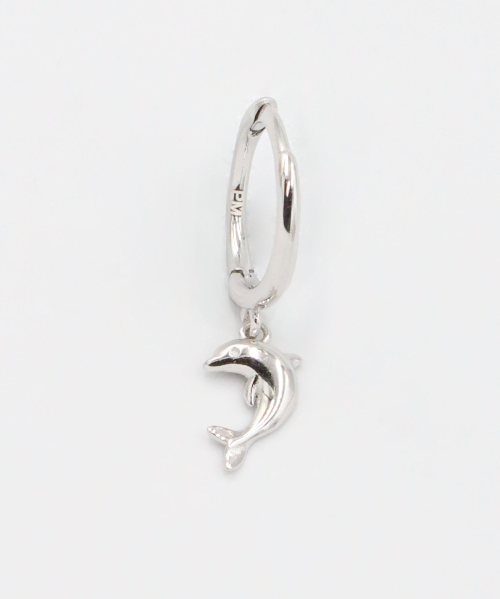 Left Dolphin Silver hoop earring featuring a dolphin charm.