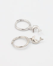 Pair of Dolphin Silver hoop earrings with dolphin charms.
