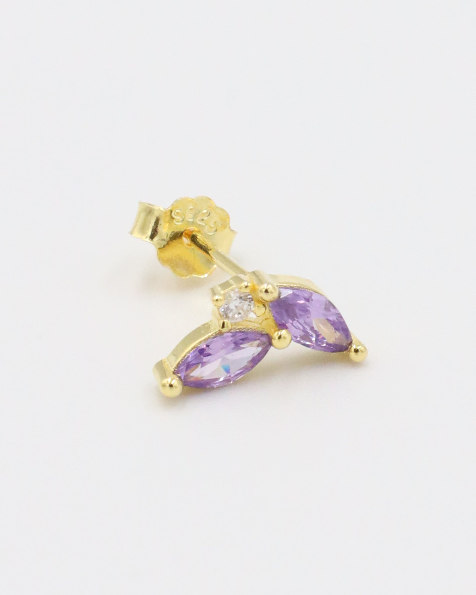 Eliza Lavender gold-plated sterling silver stud earring with purple gemstones, left ear view.